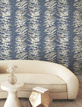 Leaf Column Navy Wallpaper with Metallic Botanical Modern Motif - York FM1043