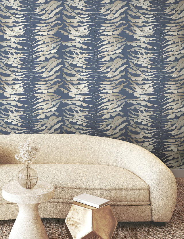 Leaf Column Navy Wallpaper with Metallic Botanical Modern Motif - York FM1043