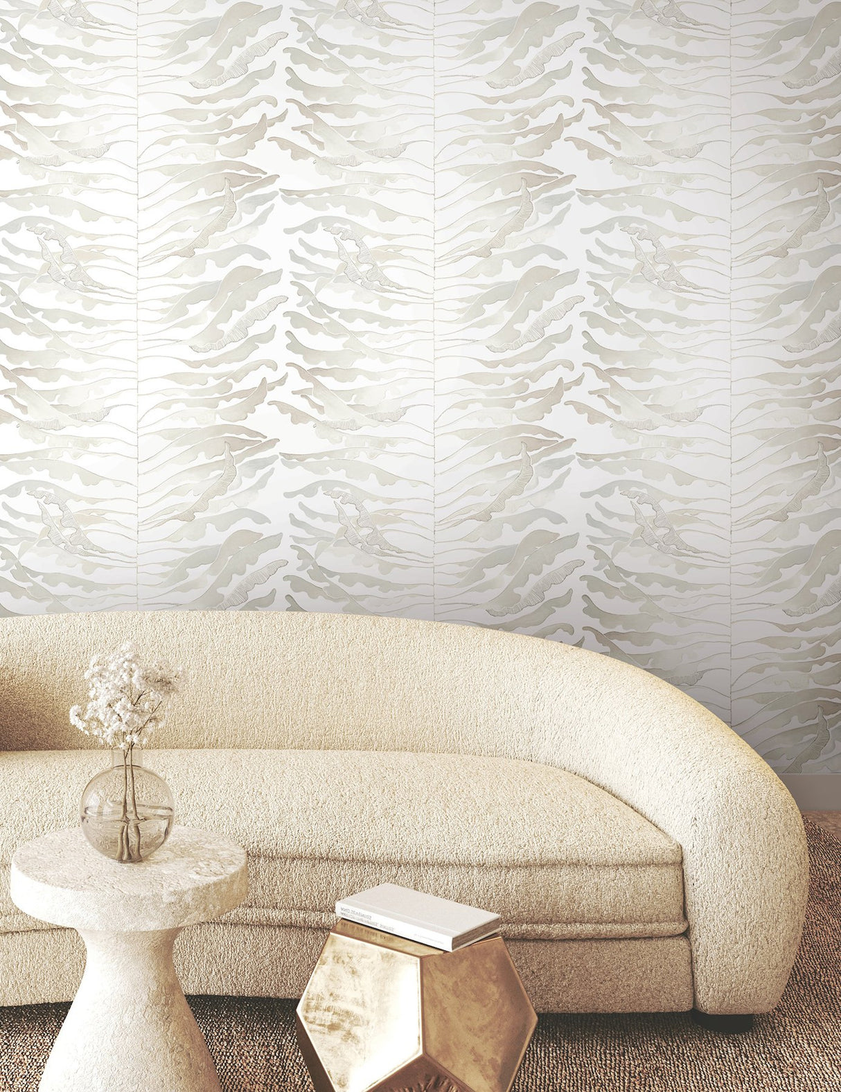 Leaf Column Neutral Wallpaper with Modern Botanical Metallic Accents - York FM1044