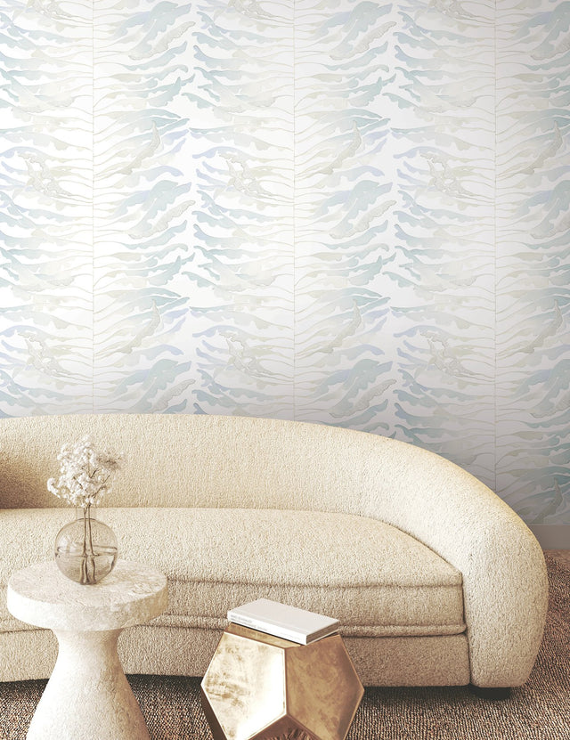 Leaf Column Spa Blue Wallpaper with Metallic Botanical Modern Style - York FM1046