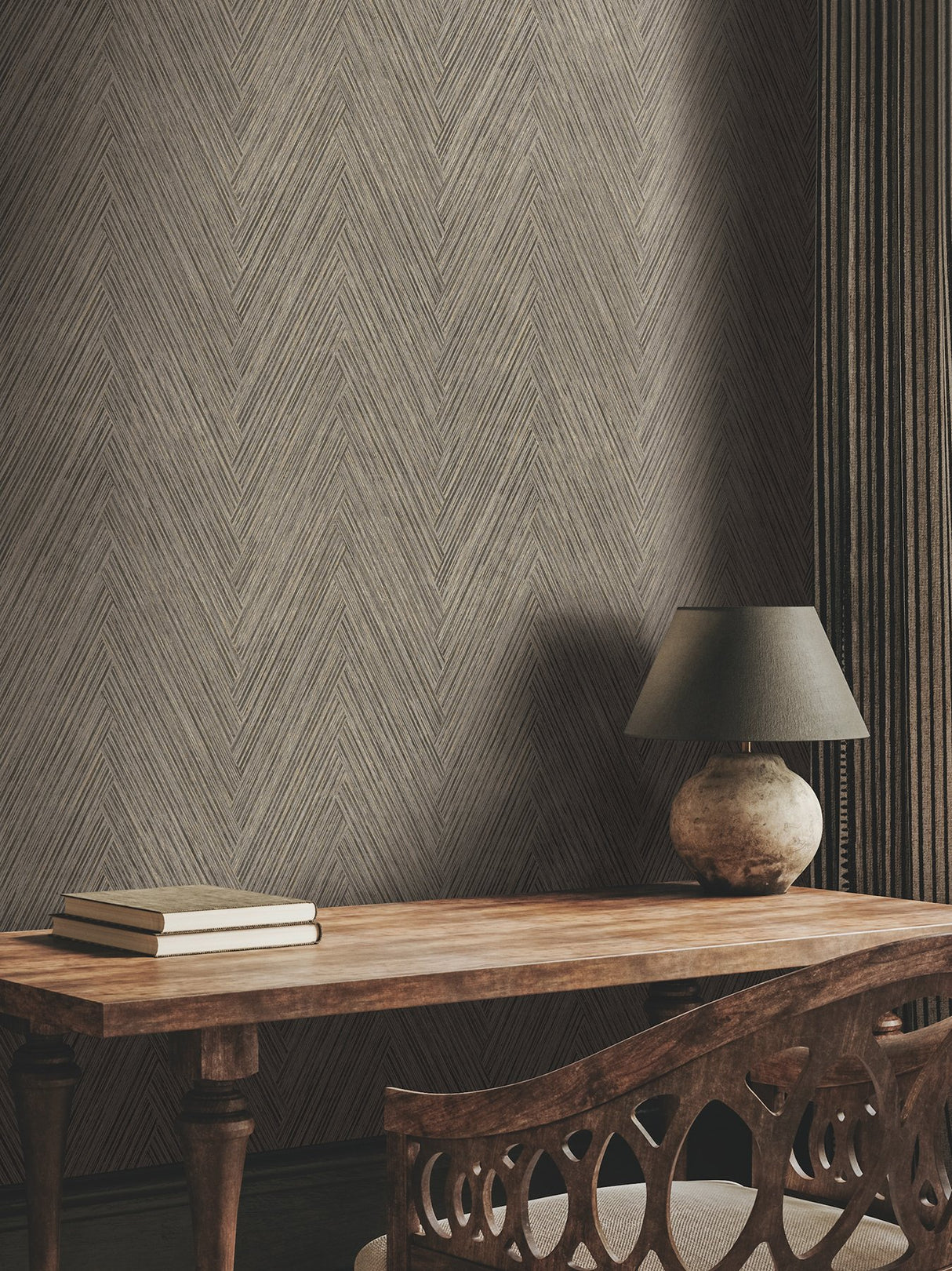 Thatched Chevron Charcoal Wallpaper with Metallic Raised Ink in Transitional Chevron Pattern - York FM1051