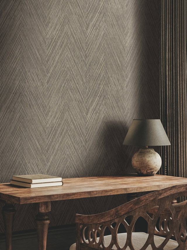 Thatched Chevron Charcoal Wallpaper with Metallic Raised Ink in Transitional Chevron Pattern - York FM1051