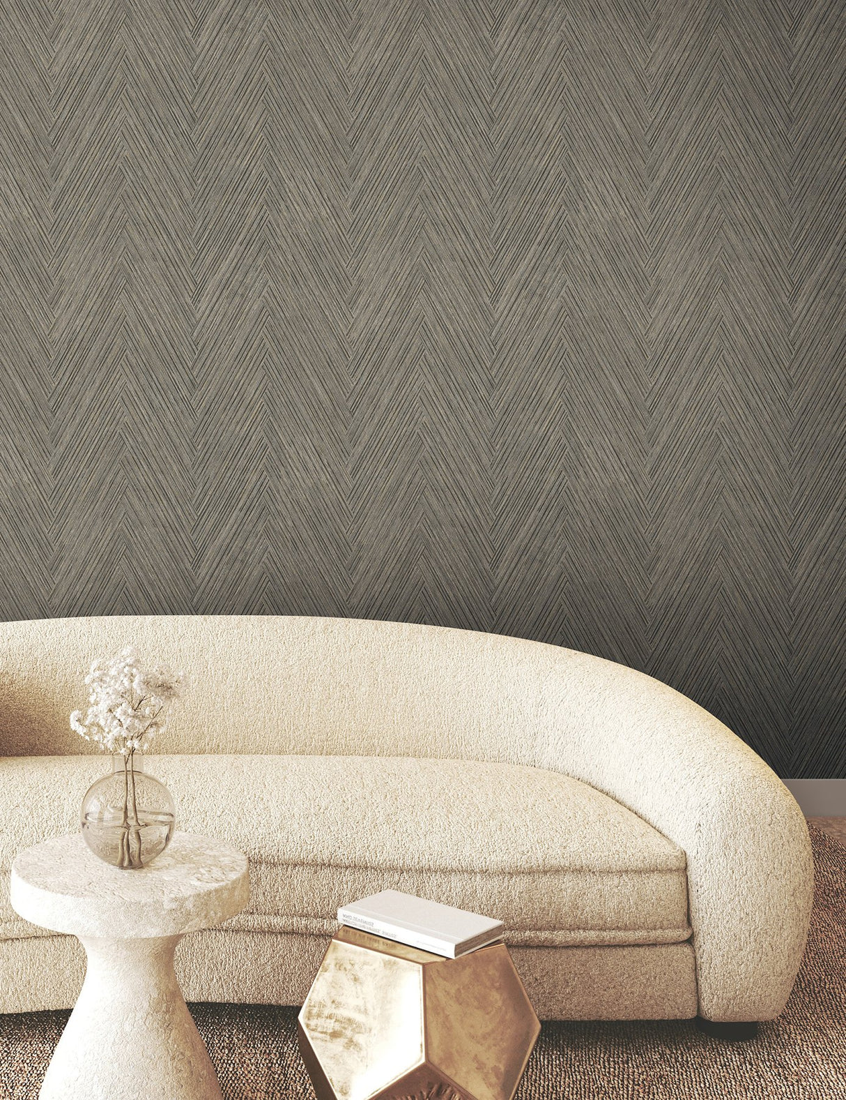 Thatched Chevron Charcoal Wallpaper with Metallic Raised Ink in Transitional Chevron Pattern - York FM1051