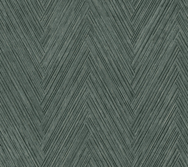 Thatched Chevron Bottle Green Wallpaper with Metallic Raised-Ink Herringbone Pattern - York FM1054