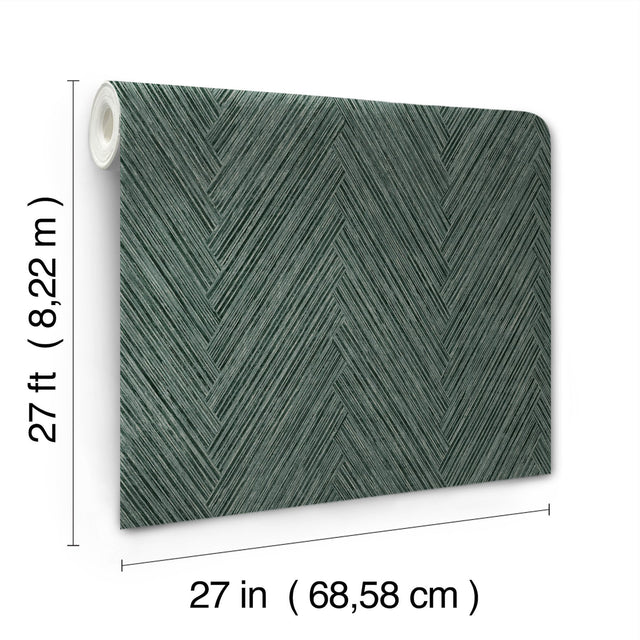 Thatched Chevron Bottle Green Wallpaper with Metallic Raised-Ink Herringbone Pattern - York FM1054