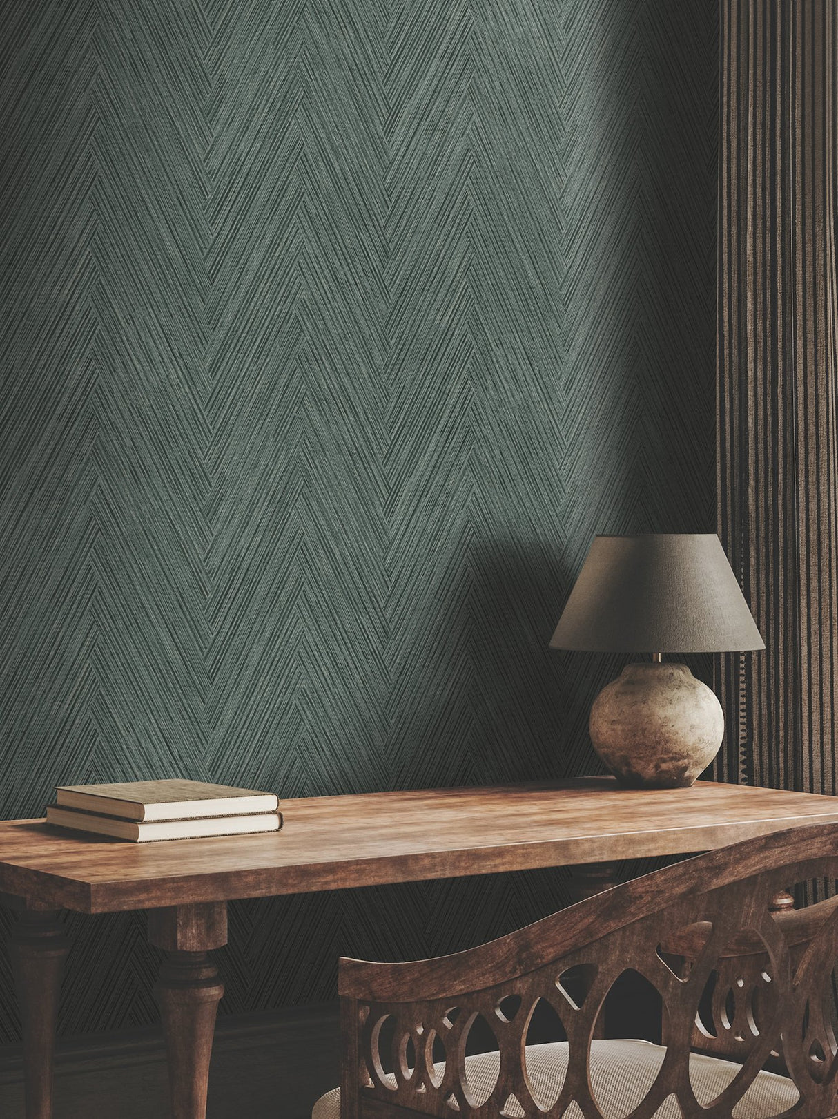 Thatched Chevron Bottle Green Wallpaper with Metallic Raised-Ink Herringbone Pattern - York FM1054