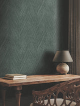 Thatched Chevron Bottle Green Wallpaper with Metallic Raised-Ink Herringbone Pattern - York FM1054
