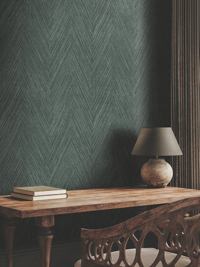 Thatched Chevron Bottle Green Wallpaper with Metallic Raised-Ink Herringbone Pattern - York FM1054