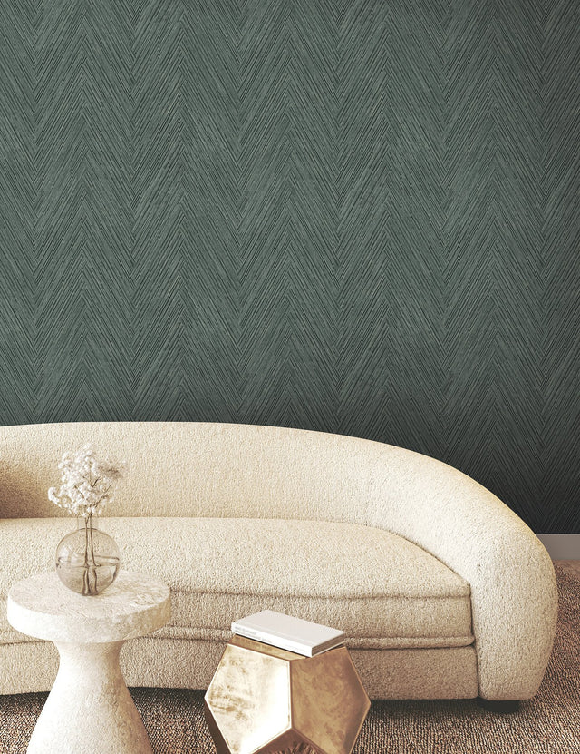 Thatched Chevron Bottle Green Wallpaper with Metallic Raised-Ink Herringbone Pattern - York FM1054