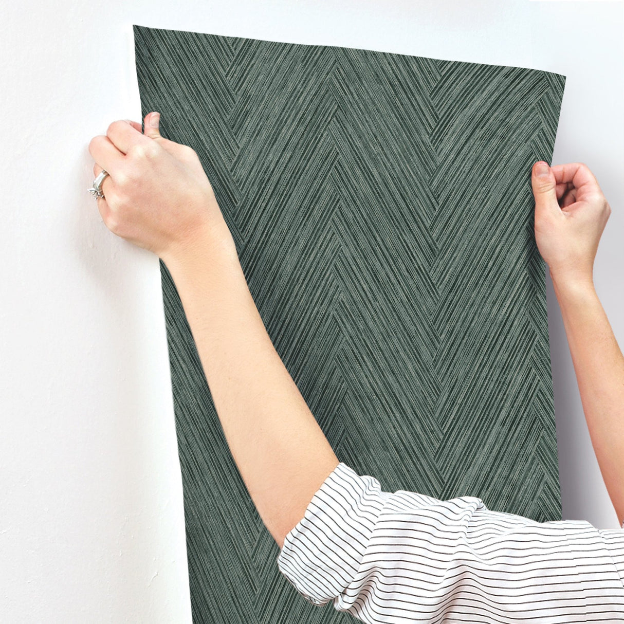Thatched Chevron Bottle Green Wallpaper with Metallic Raised-Ink Herringbone Pattern - York FM1054