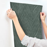 Thatched Chevron Bottle Green Wallpaper with Metallic Raised-Ink Herringbone Pattern - York FM1054