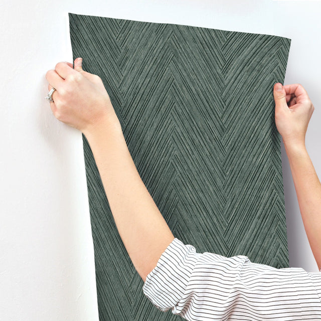 Thatched Chevron Bottle Green Wallpaper with Metallic Raised-Ink Herringbone Pattern - York FM1054