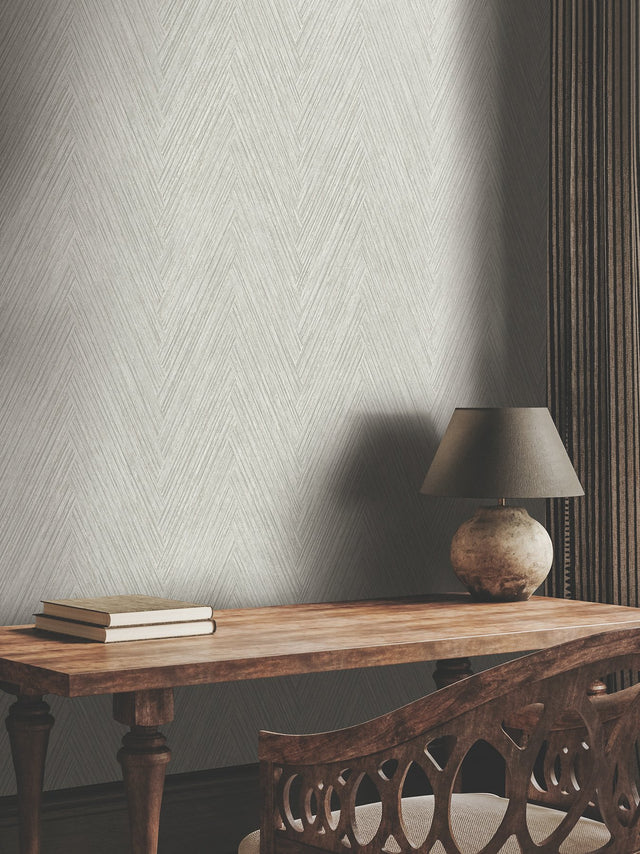 Thatched Chevron Dove Wallpaper with Metallic Raised Ink in Transitional Chevron Pattern - York FM1055