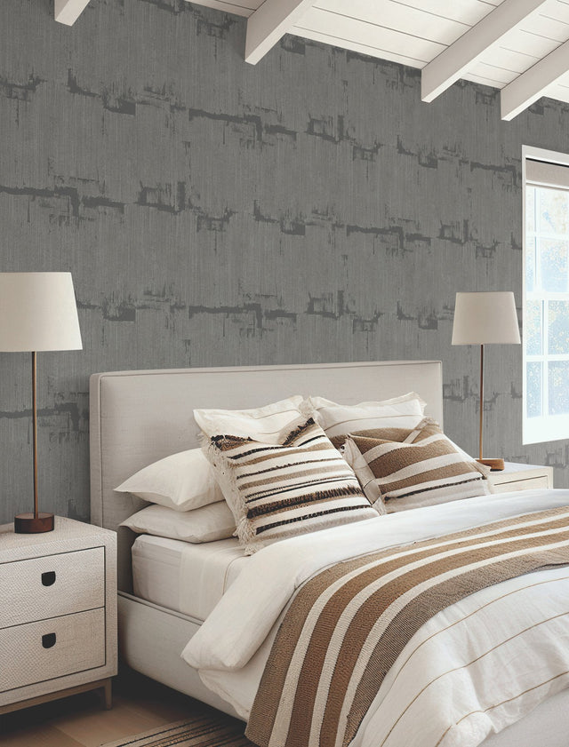 Rhythm & Rhyme Charcoal Wallpaper with Modern Geometric Metallic Raised Ink - York FM1062