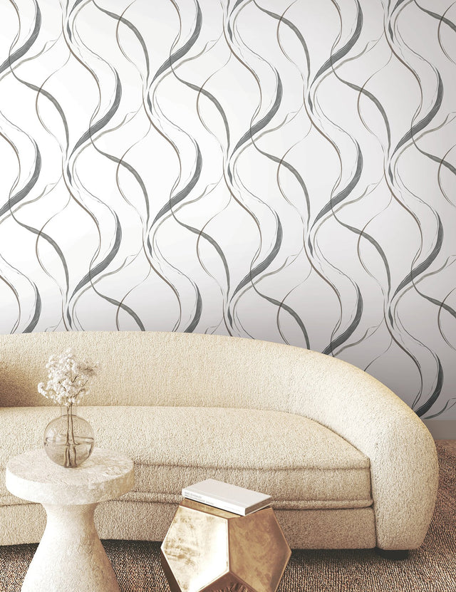 Ink Flow Black & Cocoa Wallpaper with Modern Organic Ribbon Pattern - York FM1092