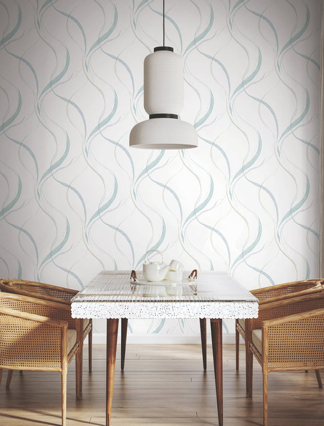 Ink Flow Seaglass Wallpaper with Modern Organic Ribbon Pattern - York Wallcoverings FM1094