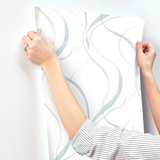 Ink Flow Seaglass Wallpaper with Modern Organic Ribbon Pattern - York Wallcoverings FM1094