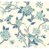 Fanciful Blue & White wallpaper with birds, butterflies, and floral branches on a light ground
