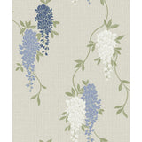 Fine Decor Aisla Blue Wisteria expanded vinyl wallpaper roll and room scene - FD43674