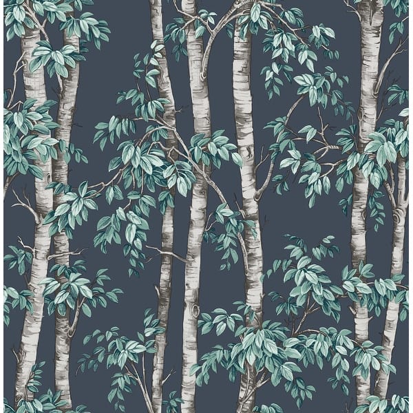 Fine Decor Bastian Blue Trees Wallpaper roll showing illustrated birch trees on a blue ground.