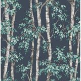 Fine Decor Bastian Blue Trees Wallpaper roll showing illustrated birch trees on a blue ground.