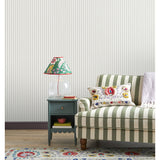 Fine Decor Chirico Lavender Ticking Stripe Wallpaper roll and room view