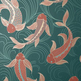 Dashiell Teal decorative fish wallpaper roll and room scene