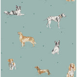 Fine Decor Delmar Blue Painted Dogs Wallpaper roll with whimsical illustrated dogs on pale blue ground