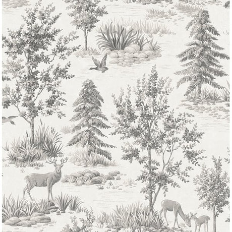 Fine Decor Dwyer Grey Stag Toile Wallpaper FD43398 sample showing deer and trees in grey