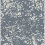 Fine Decor Eames Blue Forest Friends wallpaper roll in denim blue with white woodland animals and florals