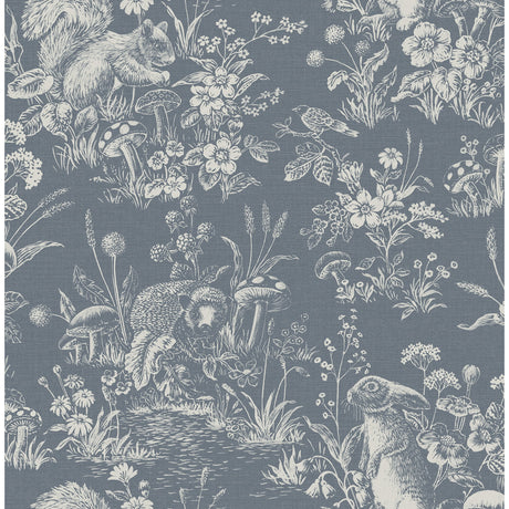 Fine Decor Eames Blue Forest Friends wallpaper roll in denim blue with white woodland animals and florals