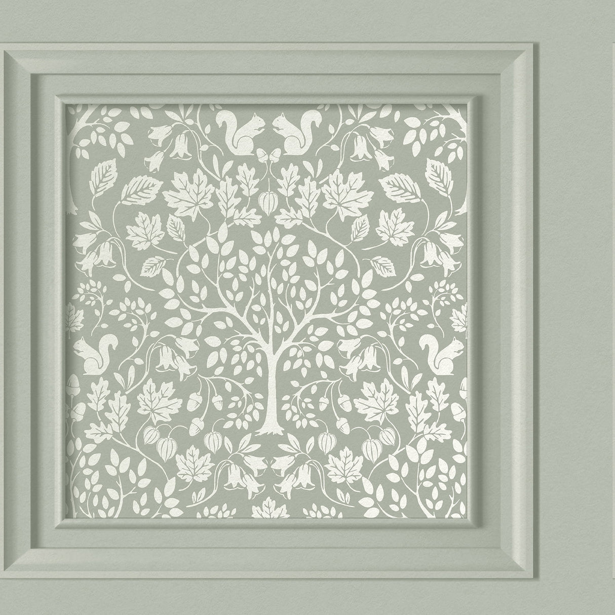 Fine Decor Edwina Sage Woodland Panel wallpaper roll and room scene