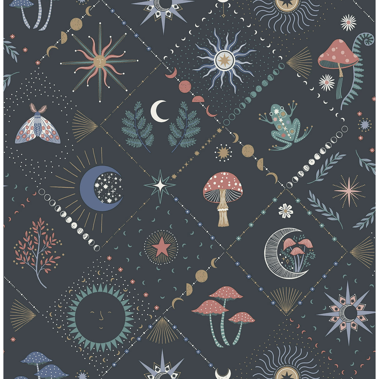 Fine Decor Elmira Black Mystical Wallpaper roll and room scene