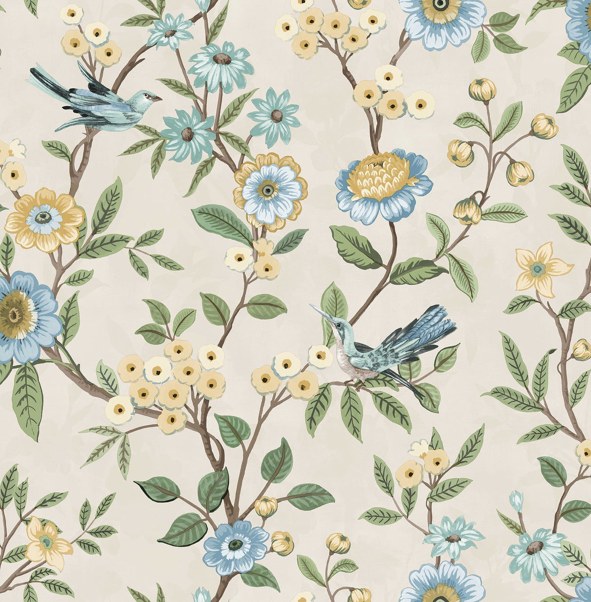 Elspeth Light Yellow Floral Trail Wallpaper pattern with birds and flowers