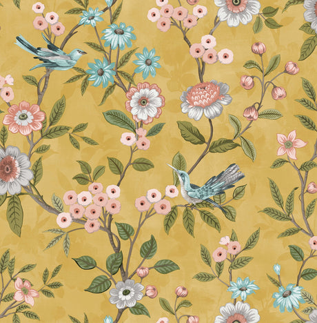 Elspeth Mustard Floral Trail Wallpaper with birds and flowers on a mustard yellow ground