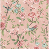 Elspeth Pink Floral Trail wallpaper with birds and flowers on a pink background
