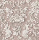 Fine Decor Fae Light Pink woodland wallpaper roll and room scene with paper-cut animals and florals