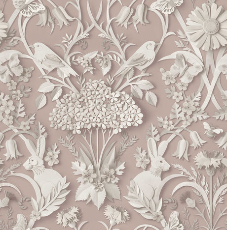 Fine Decor Fae Light Pink woodland wallpaper roll and room scene with paper-cut animals and florals