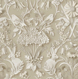 Fine Decor Fae Neutral Woodland Wallpaper FD43606 roll and room view showing paper-cut animals and florals on beige