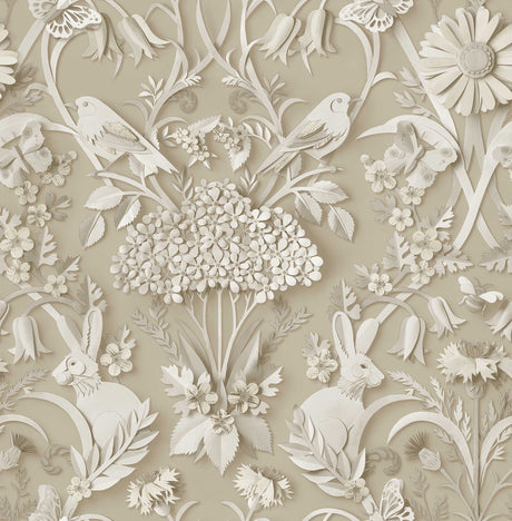Fine Decor Fae Neutral Woodland Wallpaper FD43606 roll and room view showing paper-cut animals and florals on beige