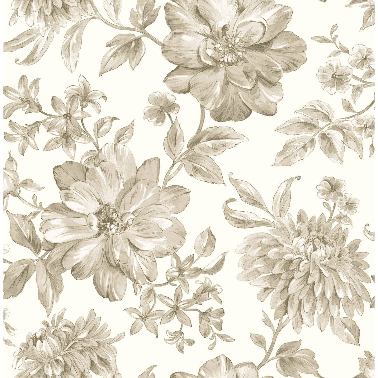 Fine Decor Gabriela Neutral Floral Wallpaper FD43611 in beige and tan on white, roll and room view
