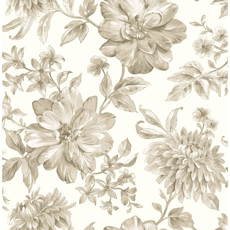Fine Decor Gabriela Neutral Floral Wallpaper FD43611 in beige and tan on white, roll and room view