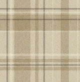 Fine Decor Harris Light Brown Plaid Chevron Wallpaper sample showing light brown plaid with chevron weave