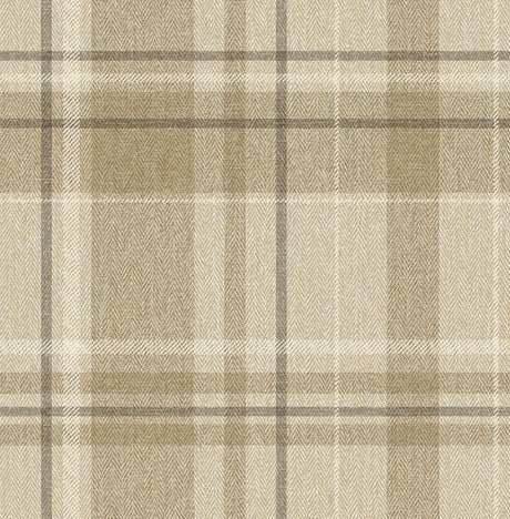 Fine Decor Harris Light Brown Plaid Chevron Wallpaper sample showing light brown plaid with chevron weave