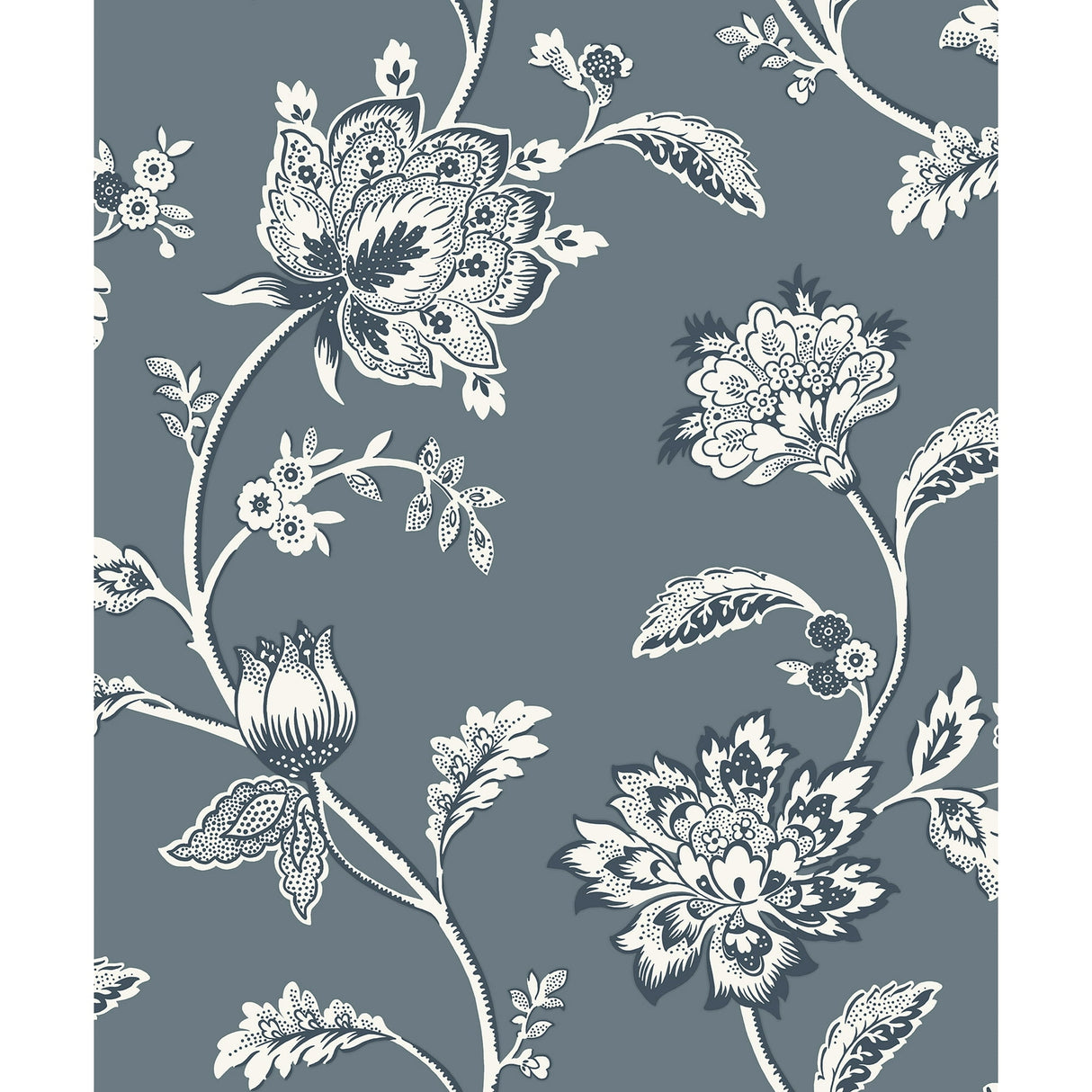 Fine Decor Juliette Blue Jacobean Wallpaper roll and room scene