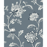 Fine Decor Juliette Blue Jacobean Wallpaper roll and room scene