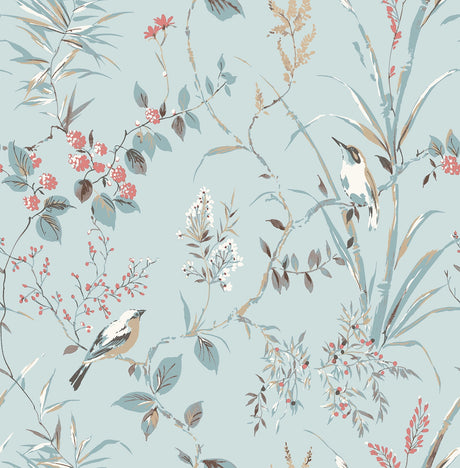 Fine Decor Mariko Light Blue Botanical Wallpaper pattern with birds and vines