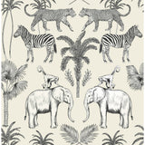 Fine Decor Nauman Safari Walk wallpaper in eggshell with elephants, zebras, leopards and palm trees