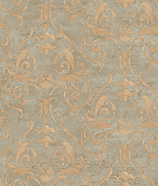 Distressed Light Brown Damask Wallpaper with Traditional Damask Pattern - Brewster GE58404