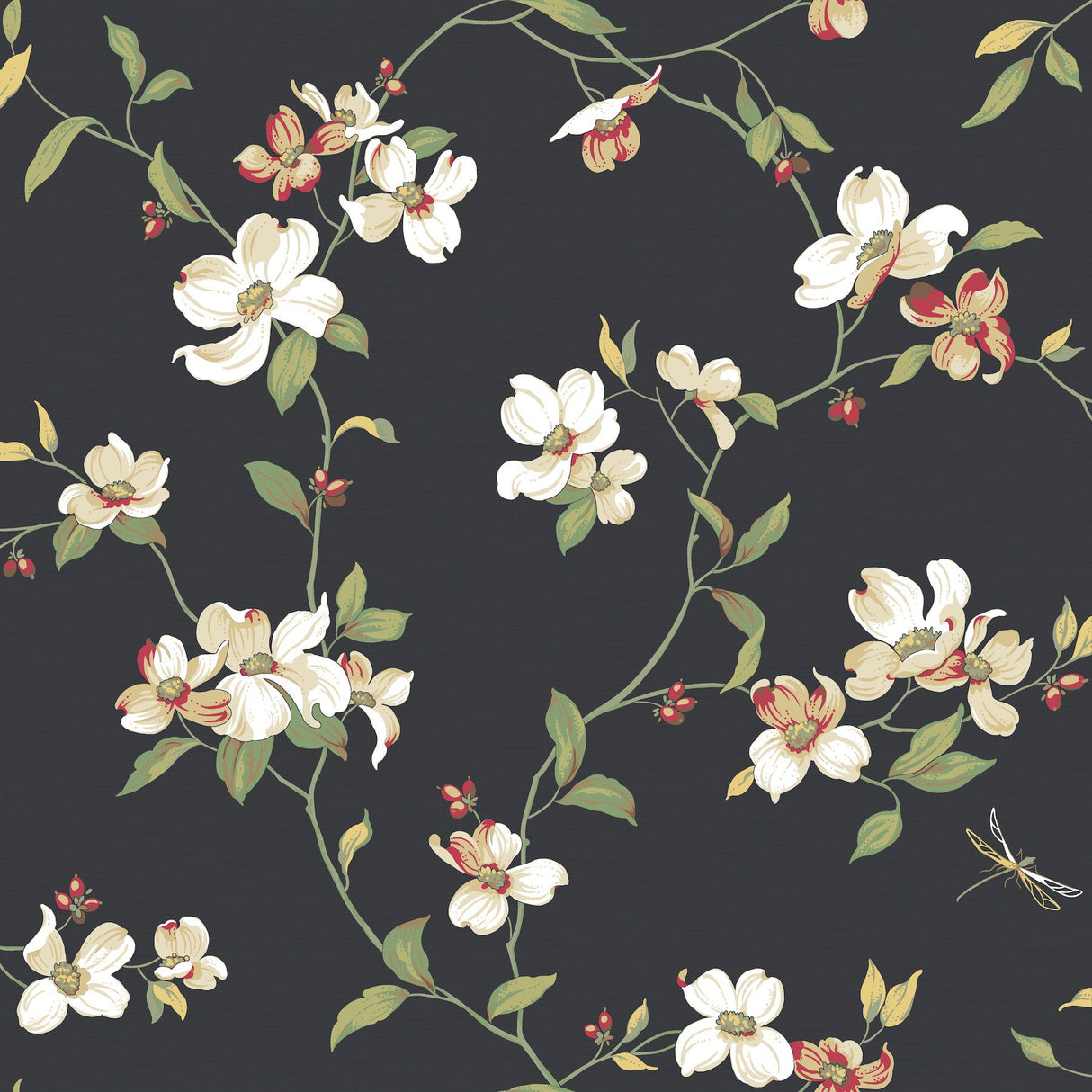 Dogwood Black Wallpaper with Botanical Floral Vine Pattern, Prepasted Paper - York GE9550